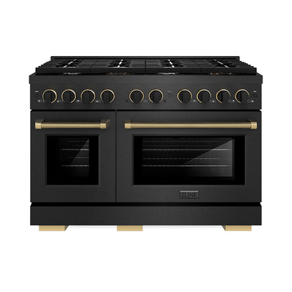 ZLINE Designer Collection 48 in. 6.7 cu. ft. Paramount Double Oven Gas Range with 8 Burner Cooktop in Black Satin Stainless Steel with Matte Black and Champagne Bronze Accents, Open Box-Good Condition