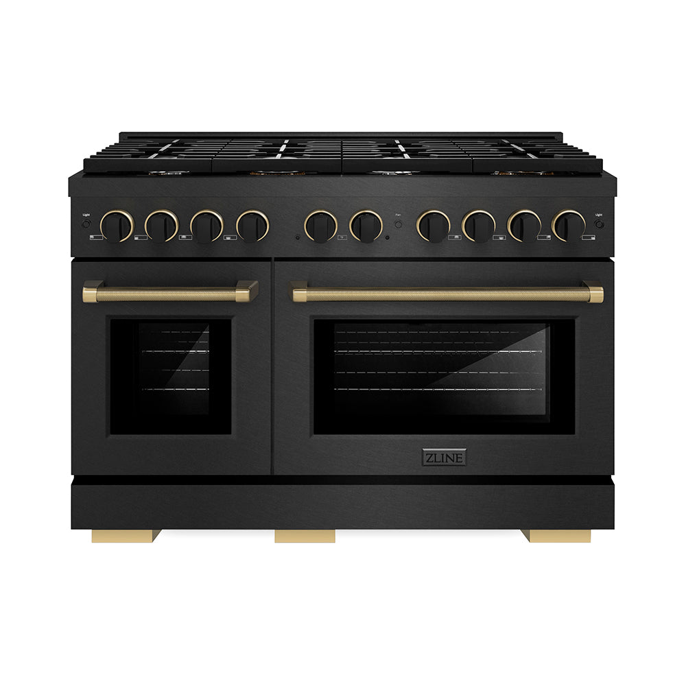 ZLINE Designer Collection 48 in. 6.7 cu. ft. Paramount Double Oven Gas Range with 8 Burner Cooktop in Black Satin Stainless Steel with Matte Black and Champagne Bronze Accents, Open Box-Great Condition main image.