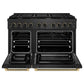 ZLINE Designer Collection 48 in. 6.7 cu. ft. Paramount Double Oven Gas Range with 8 Burner Cooktop in Black Satin Stainless Steel with Matte Black and Champagne Bronze Accents (SGRBSZ-48-MBCB) front, oven open.
