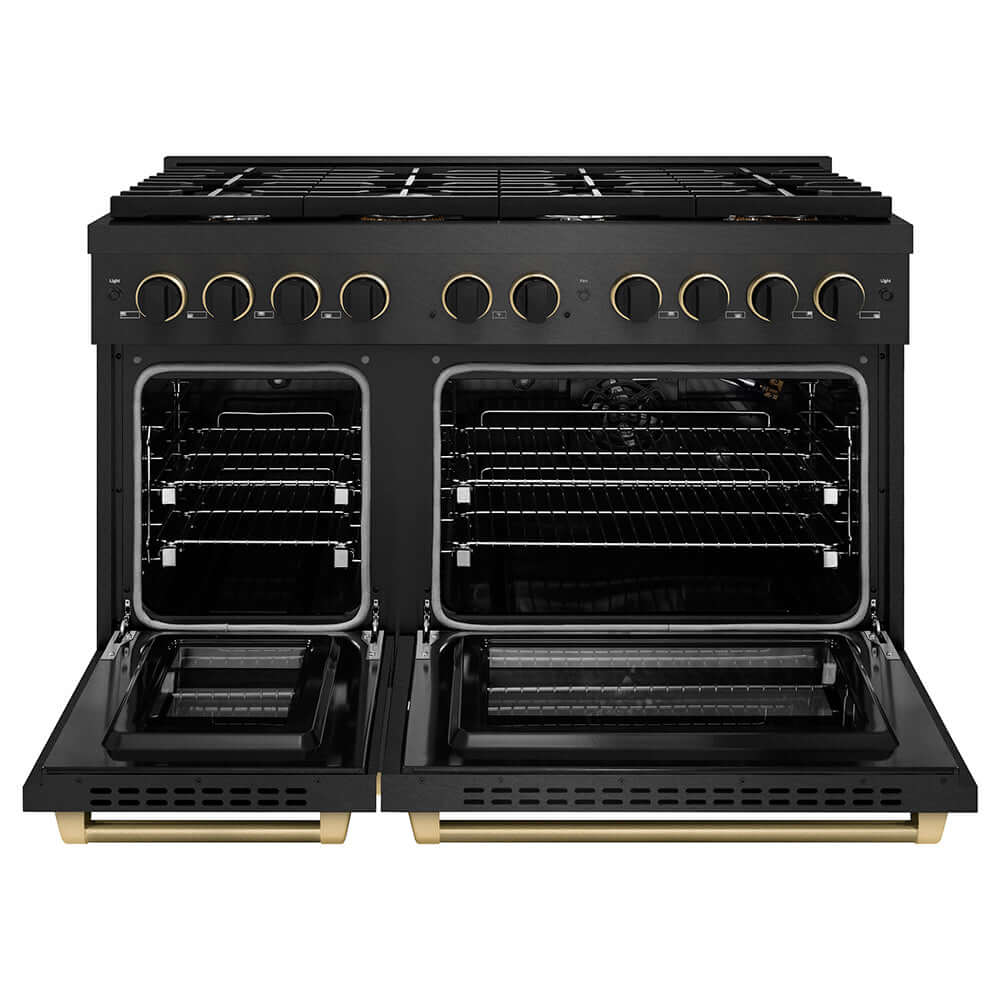 ZLINE Designer Collection 48 in. 6.7 cu. ft. Paramount Double Oven Gas Range with 8 Burner Cooktop in Black Satin Stainless Steel with Matte Black and Champagne Bronze Accents (SGRBSZ-48-MBCB) front, oven open.