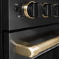 ZLINE Designer Collection 48 in. 6.7 cu. ft. Paramount Double Oven Gas Range with 8 Burner Cooktop in Black Satin Stainless Steel with Matte Black and Champagne Bronze Accents (SGRBSZ-48-MBCB) knobs and handle.