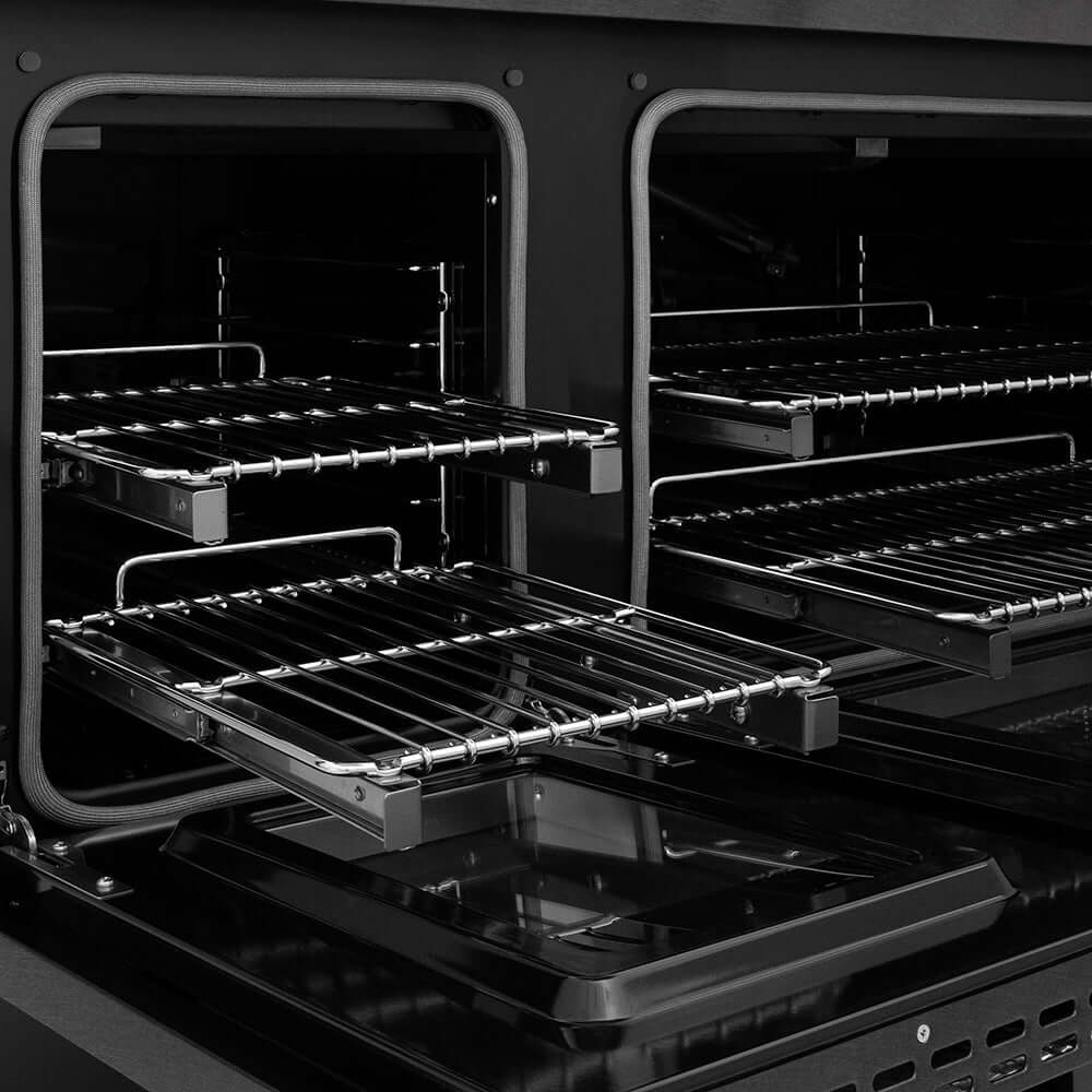 ZLINE Designer Collection 48 in. 6.7 cu. ft. Paramount Double Oven Gas Range with 8 Burner Cooktop in Black Satin Stainless Steel with Matte Black and Champagne Bronze Accents (SGRBSZ-48-MBCB) oven open with racks extended, showing interior design and structure.