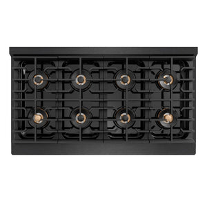 ZLINE Autograph Edition 48 in. 6.7 cu. ft. Paramount Gas Range with 8 Burner DuoPro™ Cooktop and Dual Ovens in Black Satin Stainless Steel and Polished Gold Accents (PSGRBSZ-48-G) top-down, above cooktop.