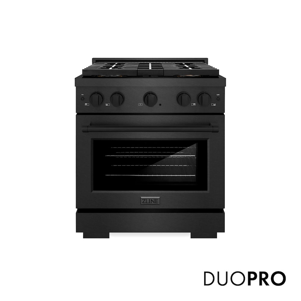 ZLINE 30 in. 4.2 cu. ft. Paramount Gas Range with 4 Burner DuoPro™ Cooktop and Convection Gas Oven in Black Satin Stainless Steel (PSGRBS-30) front, with DuoPro™ logo.