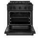 ZLINE 30 in. 4.2 cu. ft. Paramount Gas Range with 4 Burner DuoPro™ Cooktop and Convection Gas Oven in Black Satin Stainless Steel (PSGRBS-30) front, oven open.