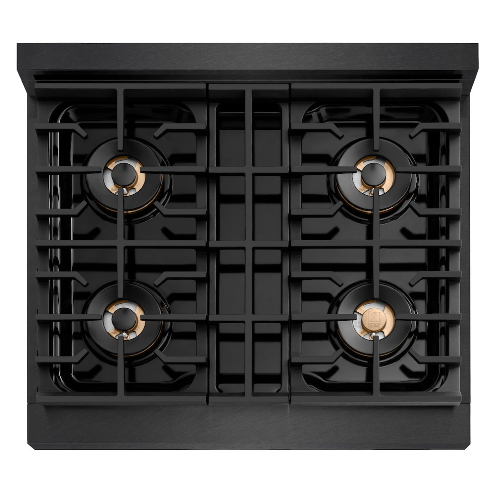 ZLINE 30 in. 4.2 cu. ft. Paramount Gas Range with 4 Burner DuoPro™ Cooktop and Convection Gas Oven in Black Satin Stainless Steel (PSGRBS-30) top-down, above cooktop.