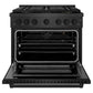 ZLINE 36 in. 5.2 cu. ft. Paramount Gas Range with 6 Burner DuoPro™ Cooktop and Convection Gas Oven in Black Satin Stainless Steel (PSGRBS-36) front, oven open.