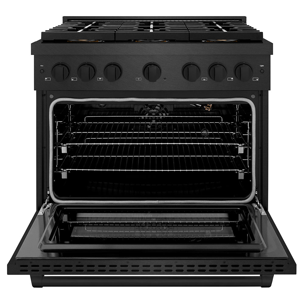 ZLINE 36 in. 5.2 cu. ft. Paramount Gas Range with 6 Burner DuoPro™ Cooktop and Convection Gas Oven in Black Satin Stainless Steel, Open Box-Good Condition