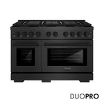 ZLINE 48 in. 6.7 cu. ft. Paramount Gas Range with 8 Burner DuoPro™ Cooktop and Dual Ovens in Black Satin Stainless Steel (PSGRBS-48) front, with DuoPro™ logo.
