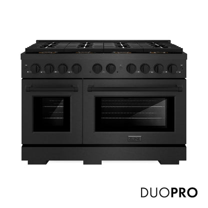 ZLINE 48 in. 6.7 cu. ft. Paramount Gas Range with 8 Burner DuoPro™ Cooktop and Dual Ovens in Black Satin Stainless Steel (PSGRBS-48) front, with DuoPro™ logo.