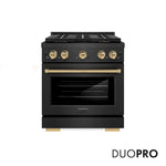 ZLINE Autograph Edition 30 in. 4.2 cu. ft. Paramount Gas Range with 4 Burner DuoPro™ Cooktop and Convection Gas Oven in Black Satin Stainless Steel and Champagne Bronze Accents (PSGRBSZ-30-CB) front, with DuoPro™ logo.