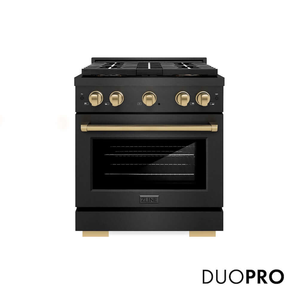 ZLINE Autograph Edition 30 in. 4.2 cu. ft. Paramount Gas Range with 4 Burner DuoPro™ Cooktop and Convection Gas Oven in Black Satin Stainless Steel and Champagne Bronze Accents (PSGRBSZ-30-CB) front, with DuoPro™ logo.