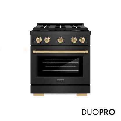 ZLINE Autograph Edition 30 in. 4.2 cu. ft. Paramount Gas Range with 4 Burner DuoPro™ Cooktop and Convection Gas Oven in Black Satin Stainless Steel and Champagne Bronze Accents (PSGRBSZ-30-CB) front, with DuoPro™ logo.