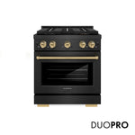 ZLINE Autograph Edition 30 in. 4.2 cu. ft. Paramount Gas Range with 4 Burner DuoPro™ Cooktop and Convection Gas Oven in Black Satin Stainless Steel and Champagne Bronze Accents, Open Box-Good Condition