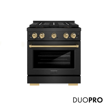 ZLINE Autograph Edition 30 in. 4.2 cu. ft. Paramount Gas Range with 4 Burner DuoPro™ Cooktop and Convection Gas Oven in Black Satin Stainless Steel and Champagne Bronze Accents, Open Box-Good Condition