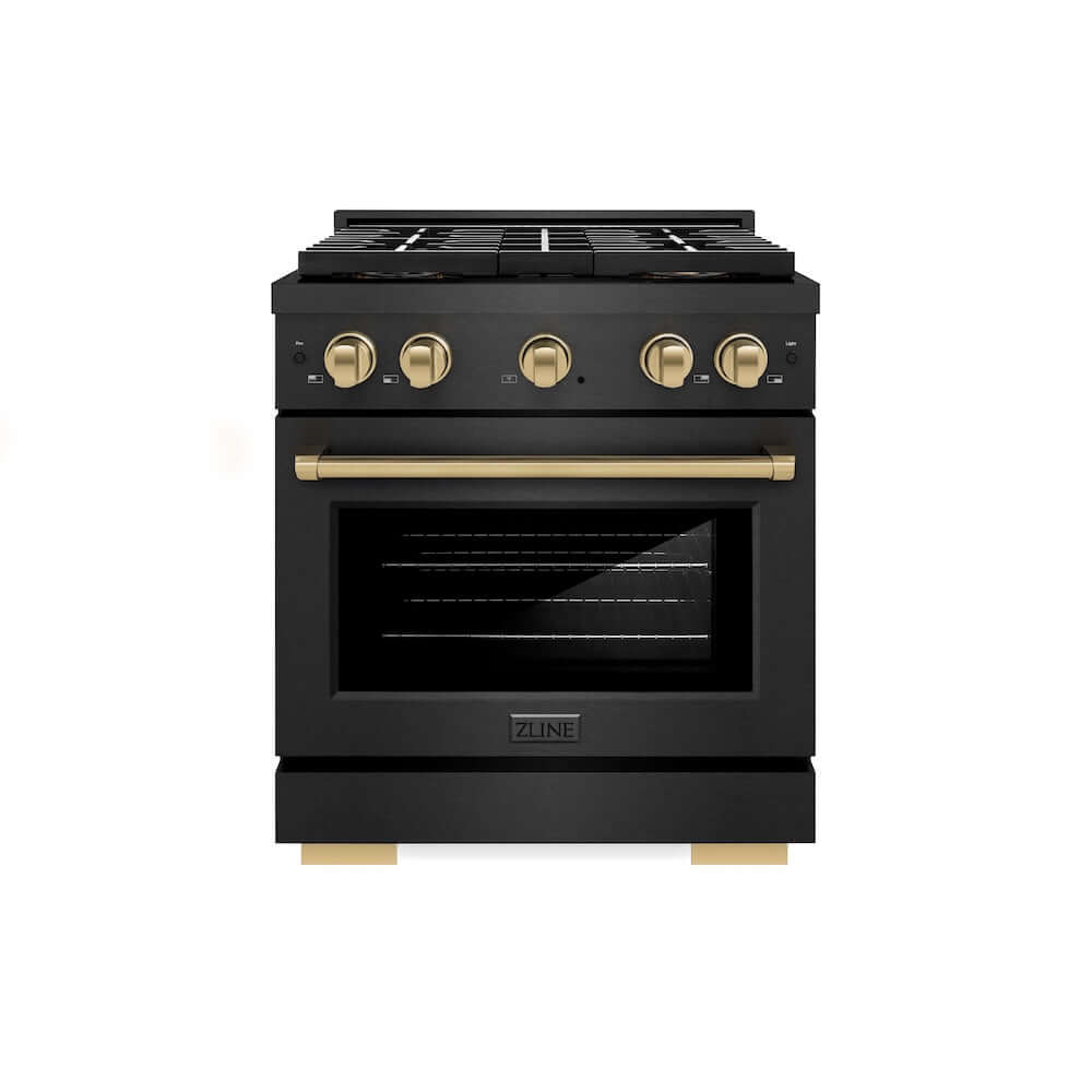 ZLINE Autograph Edition 30 in. 4.2 cu. ft. Paramount Gas Range with 4 Burner DuoPro™ Cooktop and Convection Gas Oven in Black Satin Stainless Steel and Champagne Bronze Accents (PSGRBSZ-30-CB) front.