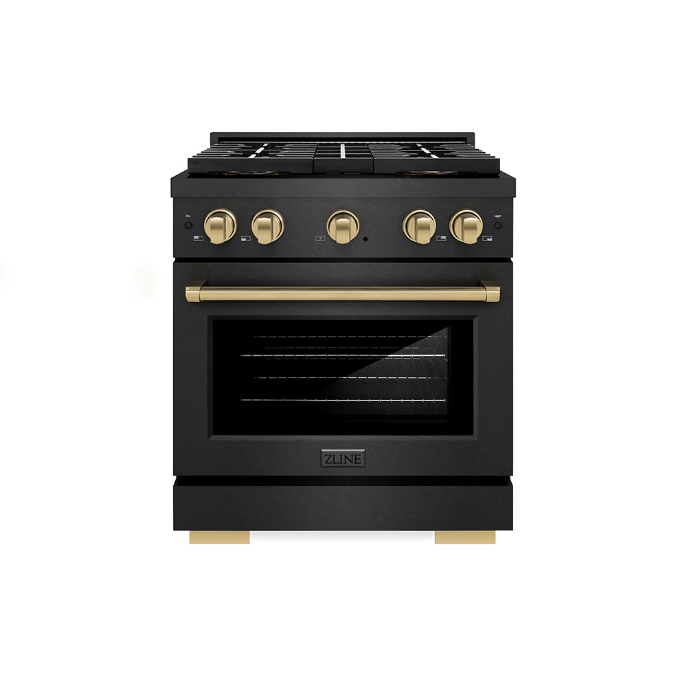 ZLINE Autograph Edition 30 in. 4.2 cu. ft. Paramount Gas Range with 4 Burner DuoPro™ Cooktop and Convection Gas Oven in Black Satin Stainless Steel and Champagne Bronze Accents, Open Box-Good Condition