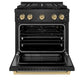 ZLINE Autograph Edition 30 in. 4.2 cu. ft. Paramount Gas Range with 4 Burner DuoPro™ Cooktop and Convection Gas Oven in Black Satin Stainless Steel and Champagne Bronze Accents, Open Box-Great Condition