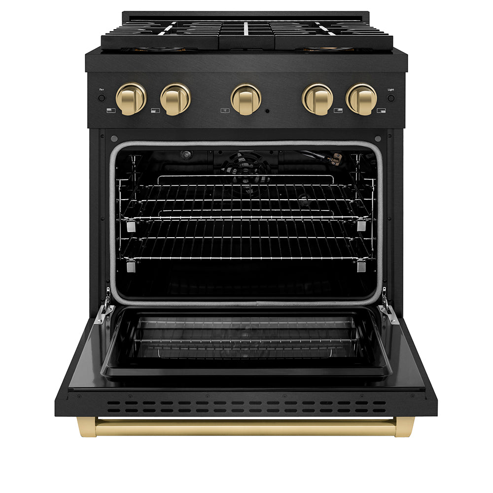 ZLINE Autograph Edition 30 in. 4.2 cu. ft. Paramount Gas Range with 4 Burner DuoPro™ Cooktop and Convection Gas Oven in Black Satin Stainless Steel and Champagne Bronze Accents, Open Box-Good Condition