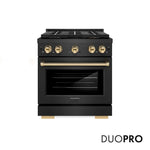ZLINE Autograph Edition 30 in. 4.2 cu. ft. Paramount Gas Range with 4 Burner DuoPro™ Cooktop and Convection Gas Oven in Black Satin Stainless Steel and Polished Gold Accents (PSGRBSZ-30-G) front, with DuoPro™ logo.