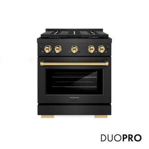 ZLINE Autograph Edition 30 in. 4.2 cu. ft. Paramount Gas Range with 4 Burner DuoPro™ Cooktop and Convection Gas Oven in Black Satin Stainless Steel and Polished Gold Accents (PSGRBSZ-30-G) main image.