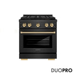 ZLINE Autograph Edition 30 in. 4.2 cu. ft. Paramount Gas Range with 4 Burner DuoPro™ Cooktop and Convection Gas Oven in Black Satin Stainless Steel and Polished Gold Accents, Open Box-Good Condition