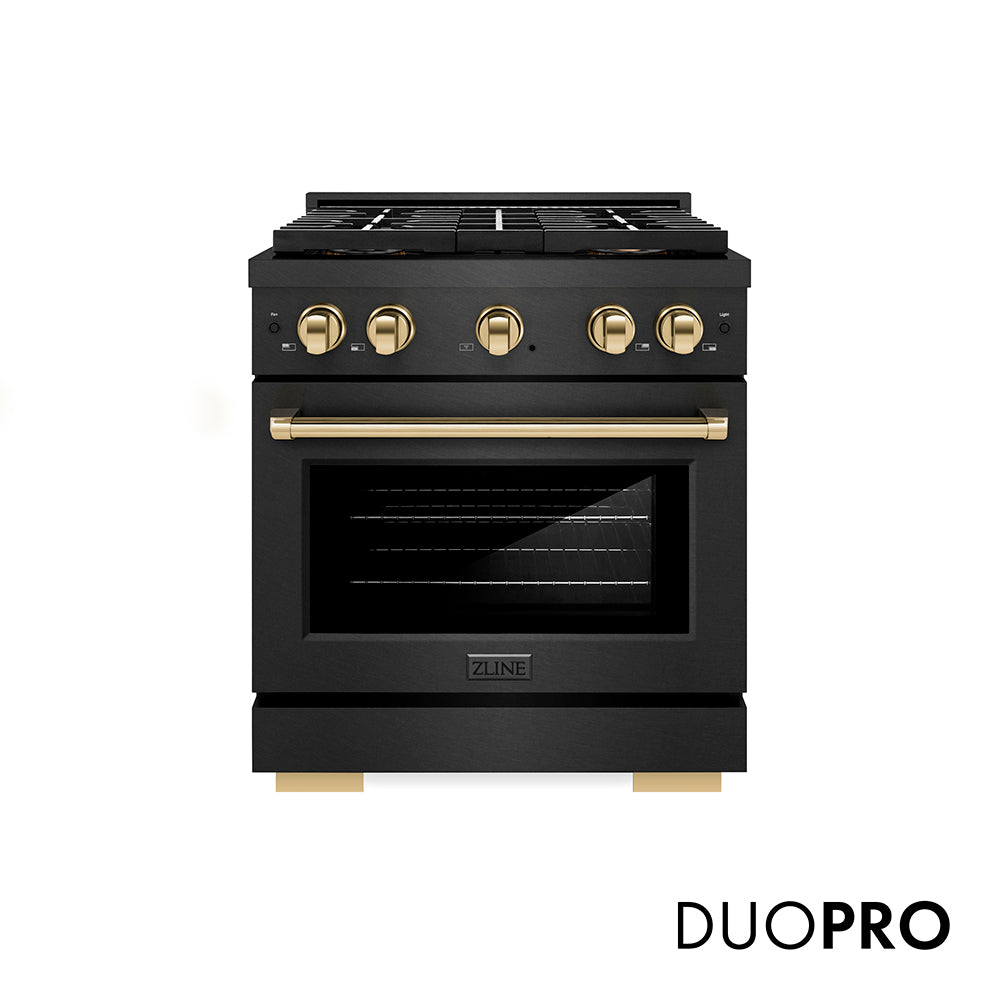 ZLINE Autograph Edition 30 in. 4.2 cu. ft. Paramount Gas Range with 4 Burner DuoPro™ Cooktop and Convection Gas Oven in Black Satin Stainless Steel and Polished Gold Accents, Open Box-Good Condition