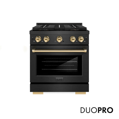ZLINE Autograph Edition 30 in. 4.2 cu. ft. Paramount Gas Range with 4 Burner DuoPro™ Cooktop and Convection Gas Oven in Black Satin Stainless Steel and Polished Gold Accents, Open Box-Good Condition