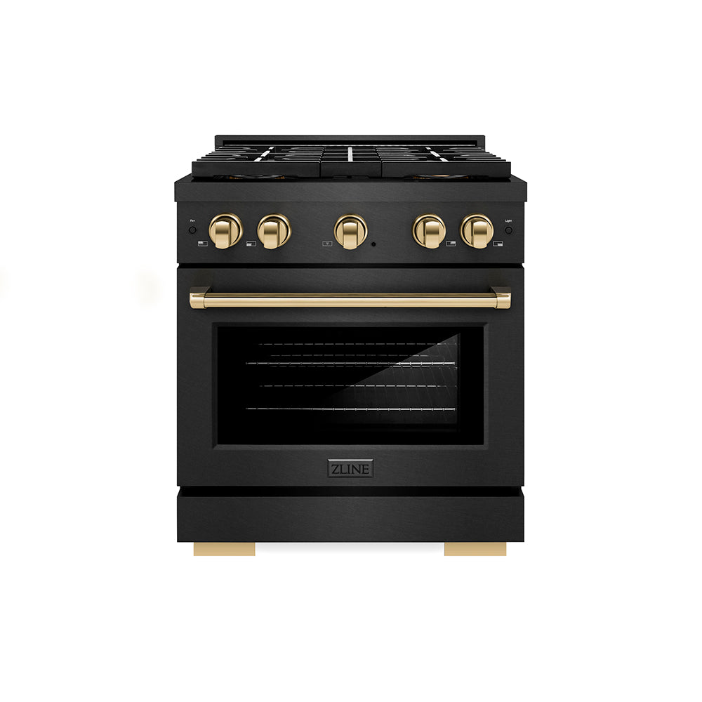 ZLINE Autograph Edition 30 in. 4.2 cu. ft. Paramount Gas Range with 4 Burner DuoPro™ Cooktop and Convection Gas Oven in Black Satin Stainless Steel and Polished Gold Accents, Open Box-Good Condition