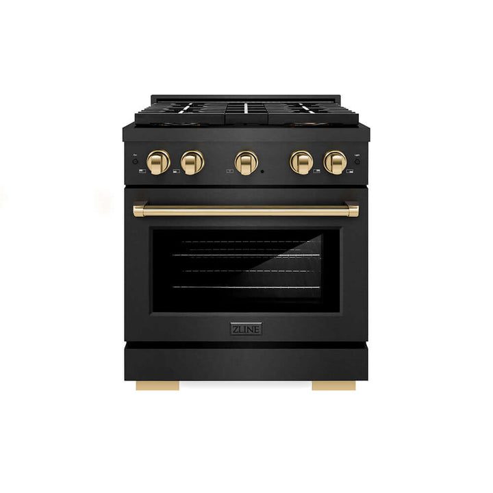 ZLINE Autograph Edition 30 in. 4.2 cu. ft. Paramount Gas Range with 4 Burner DuoPro™ Cooktop and Convection Gas Oven in Black Satin Stainless Steel and Polished Gold Accents (PSGRBSZ-30-G)