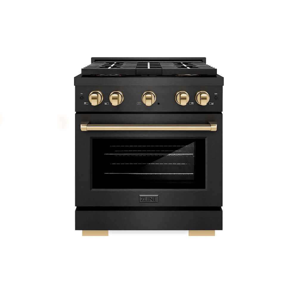 ZLINE Autograph Edition 30 in. 4.2 cu. ft. Paramount Gas Range with 4 Burner DuoPro™ Cooktop and Convection Gas Oven in Black Satin Stainless Steel and Polished Gold Accents (PSGRBSZ-30-G) front.