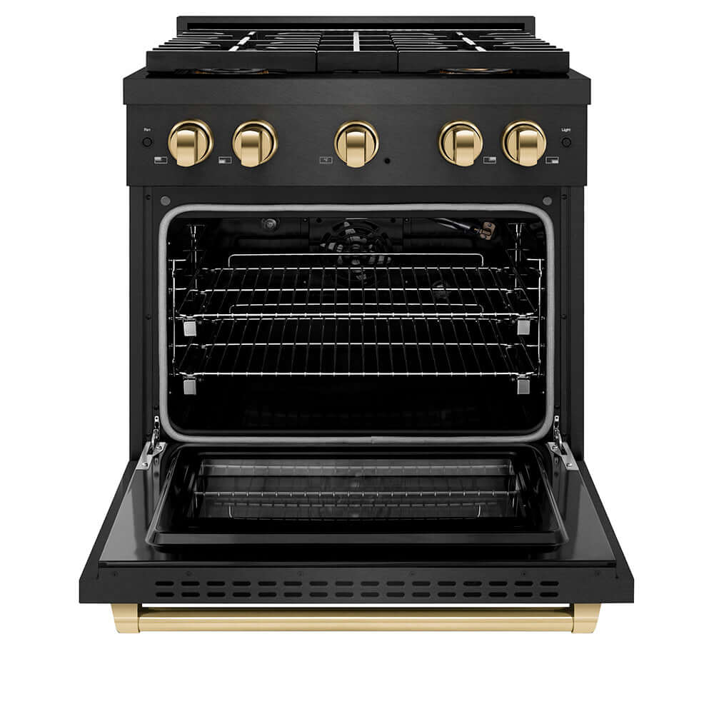 ZLINE Autograph Edition 30 in. 4.2 cu. ft. Paramount Gas Range with 4 Burner DuoPro™ Cooktop and Convection Gas Oven in Black Satin Stainless Steel and Polished Gold Accents (PSGRBSZ-30-G) front, oven open.