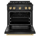 ZLINE Autograph Edition 30 in. 4.2 cu. ft. Paramount Gas Range with 4 Burner DuoPro™ Cooktop and Convection Gas Oven in Black Satin Stainless Steel and Polished Gold Accents, Open Box-Good Condition