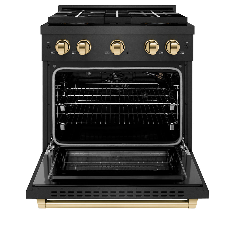 ZLINE Autograph Edition 30 in. 4.2 cu. ft. Paramount Gas Range with 4 Burner DuoPro™ Cooktop and Convection Gas Oven in Black Satin Stainless Steel and Polished Gold Accents, Open Box-Good Condition