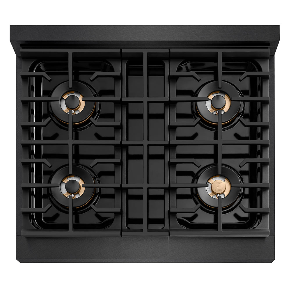 ZLINE Autograph Edition 30 in. 4.2 cu. ft. Paramount Gas Range with 4 Burner DuoPro™ Cooktop and Convection Gas Oven in Black Satin Stainless Steel and Polished Gold Accents, Open Box-Good Condition