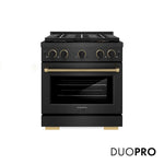 ZLINE Designer Collection 30 in. 4.2 cu. ft. Paramount Gas Range with 4 Burner DuoPro™ Cooktop and Convection Gas Oven in Black Satin Stainless Steel with Matte Black and Champagne Bronze Accents (PSGRBSZ-30-MBCB) front, with DuoPro™ logo.