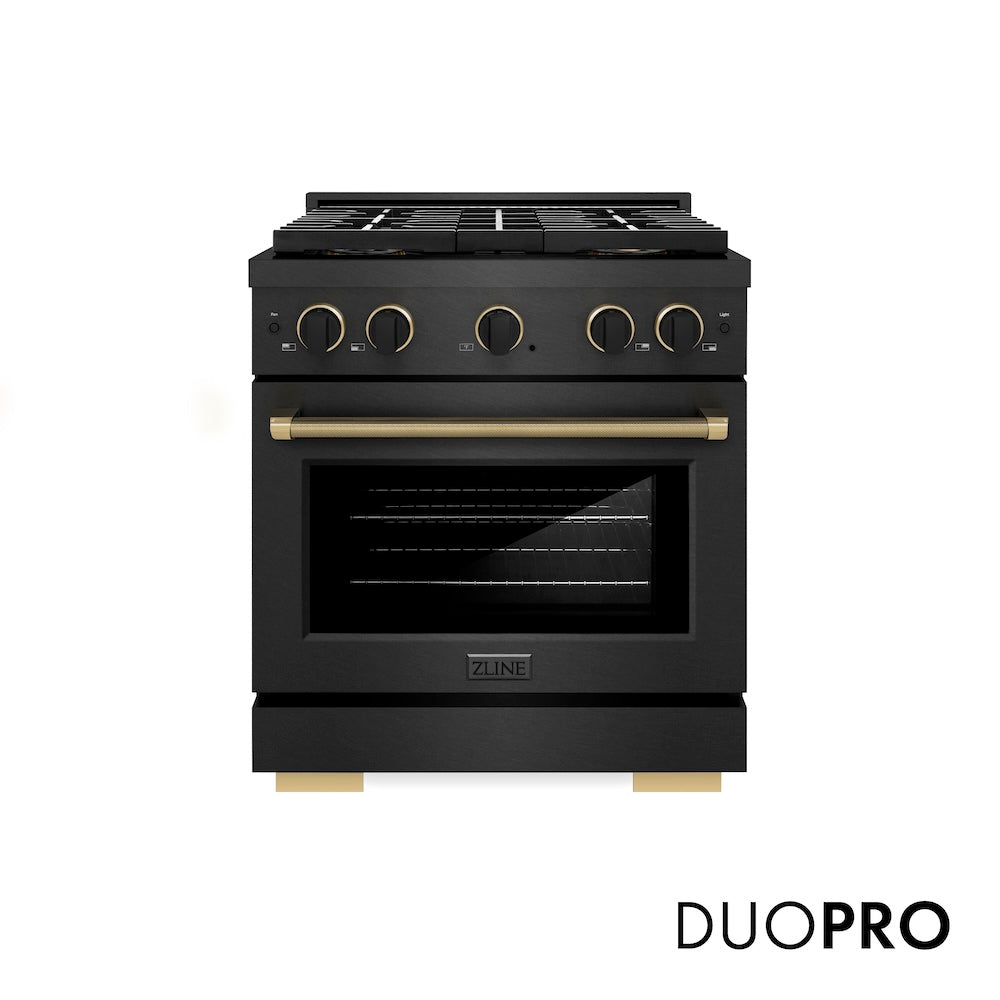 ZLINE Designer Collection 30 in. 4.2 cu. ft. Paramount Gas Range with 4 Burner DuoPro™ Cooktop and Convection Gas Oven in Black Satin Stainless Steel with Matte Black and Champagne Bronze Accents (PSGRBSZ-30-MBCB) front, with DuoPro™ logo.