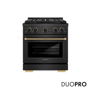ZLINE Designer Collection 30 in. 4.2 cu. ft. Paramount Gas Range with 4 Burner DuoPro™ Cooktop and Convection Gas Oven in Black Satin Stainless Steel with Matte Black and Champagne Bronze Accents (PSGRBSZ-30-MBCB) main image.
