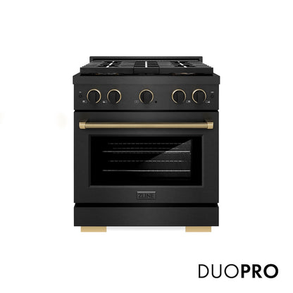 ZLINE Designer Collection 30 in. 4.2 cu. ft. Paramount Gas Range with 4 Burner DuoPro™ Cooktop and Convection Gas Oven in Black Satin Stainless Steel with Matte Black and Champagne Bronze Accents (PSGRBSZ-30-MBCB) front, with DuoPro™ logo.
