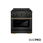 ZLINE Designer Collection 30 in. 4.2 cu. ft. Paramount Gas Range with 4 Burner DuoPro™ Cooktop and Convection Gas Oven in Black Satin Stainless Steel with Matte Black and Champagne Bronze Accents, Open Box-Good Condition