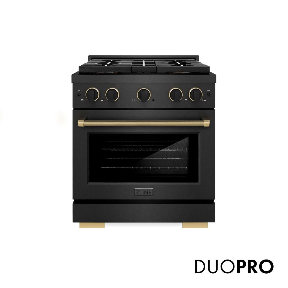 ZLINE Designer Collection 30 in. 4.2 cu. ft. Paramount Gas Range with 4 Burner DuoPro™ Cooktop and Convection Gas Oven in Black Satin Stainless Steel with Matte Black and Champagne Bronze Accents, Open Box-Good Condition