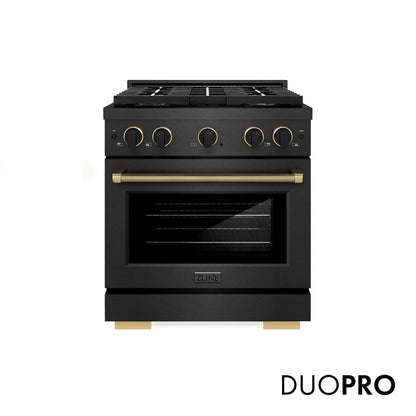 ZLINE Designer Collection 30 in. 4.2 cu. ft. Paramount Gas Range with 4 Burner DuoPro™ Cooktop and Convection Gas Oven in Black Satin Stainless Steel with Matte Black and Champagne Bronze Accents, Open Box-Good Condition