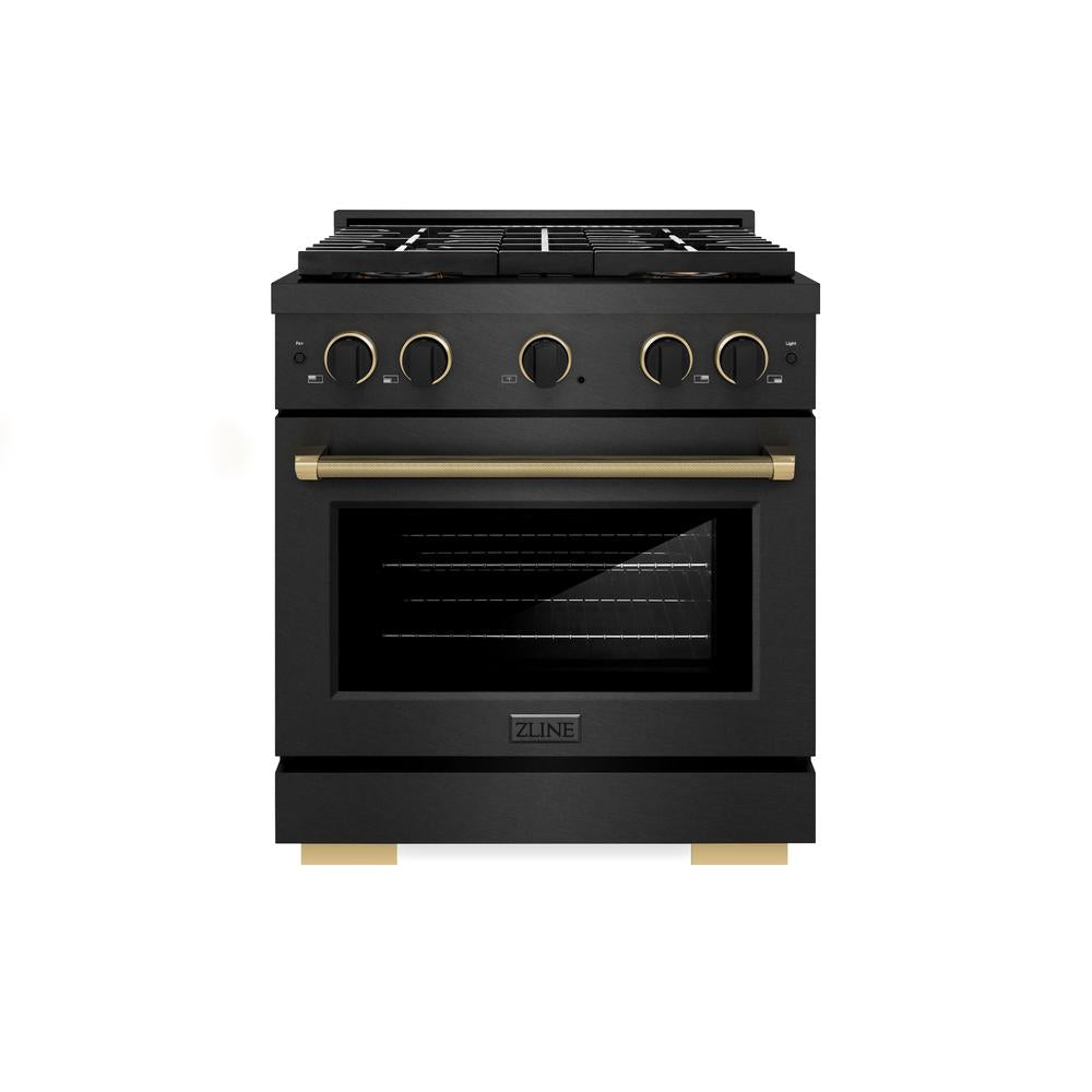 ZLINE Designer Collection 30 in. 4.2 cu. ft. Paramount Gas Range with 4 Burner DuoPro™ Cooktop and Convection Gas Oven in Black Satin Stainless Steel with Matte Black and Champagne Bronze Accents, Open Box-Good Condition