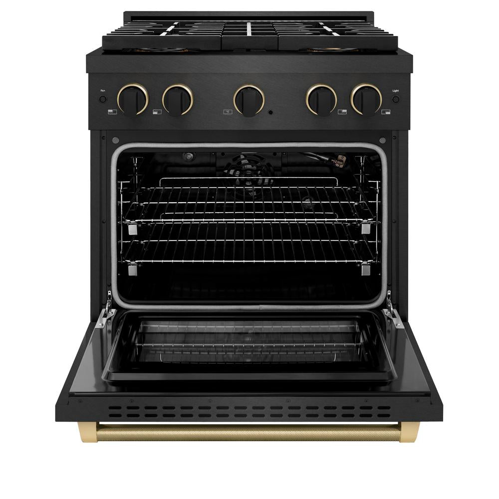 ZLINE Designer Collection 30 in. 4.2 cu. ft. Paramount Gas Range with 4 Burner DuoPro™ Cooktop and Convection Gas Oven in Black Satin Stainless Steel with Matte Black and Champagne Bronze Accents, Open Box-Good Condition