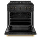 ZLINE Designer Collection 30 in. 4.2 cu. ft. Paramount Gas Range with 4 Burner DuoPro™ Cooktop and Convection Gas Oven in Black Satin Stainless Steel with Matte Black and Champagne Bronze Accents (PSGRBSZ-30-MBCB) front, oven open.
