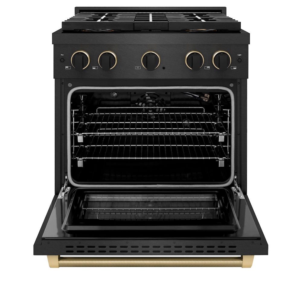 ZLINE Designer Collection 30 in. 4.2 cu. ft. Paramount Gas Range with 4 Burner DuoPro™ Cooktop and Convection Gas Oven in Black Satin Stainless Steel with Matte Black and Champagne Bronze Accents (PSGRBSZ-30-MBCB) front, oven open.