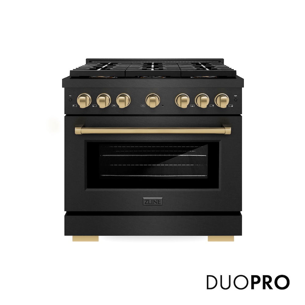 ZLINE Autograph Edition 36 in. 5.2 cu. ft. Paramount Gas Range with 6 Burner DuoPro™ Cooktop and Convection Gas Oven in Black Satin Stainless Steel and Champagne Bronze Accents (PSGRBSZ-36-CB) front, with DuoPro™ logo.