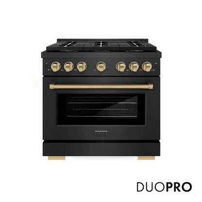 ZLINE Autograph Edition 36 in. 5.2 cu. ft. Paramount Gas Range with 6 Burner DuoPro™ Cooktop and Convection Gas Oven in Black Satin Stainless Steel and Champagne Bronze Accents (PSGRBSZ-36-CB) front, with DuoPro™ logo.