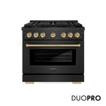 ZLINE Autograph Edition 36 in. 5.2 cu. ft. Paramount Gas Range with 6 Burner DuoPro™ Cooktop and Convection Gas Oven in Black Satin Stainless Steel and Champagne Bronze Accents, Open Box-Good Condition