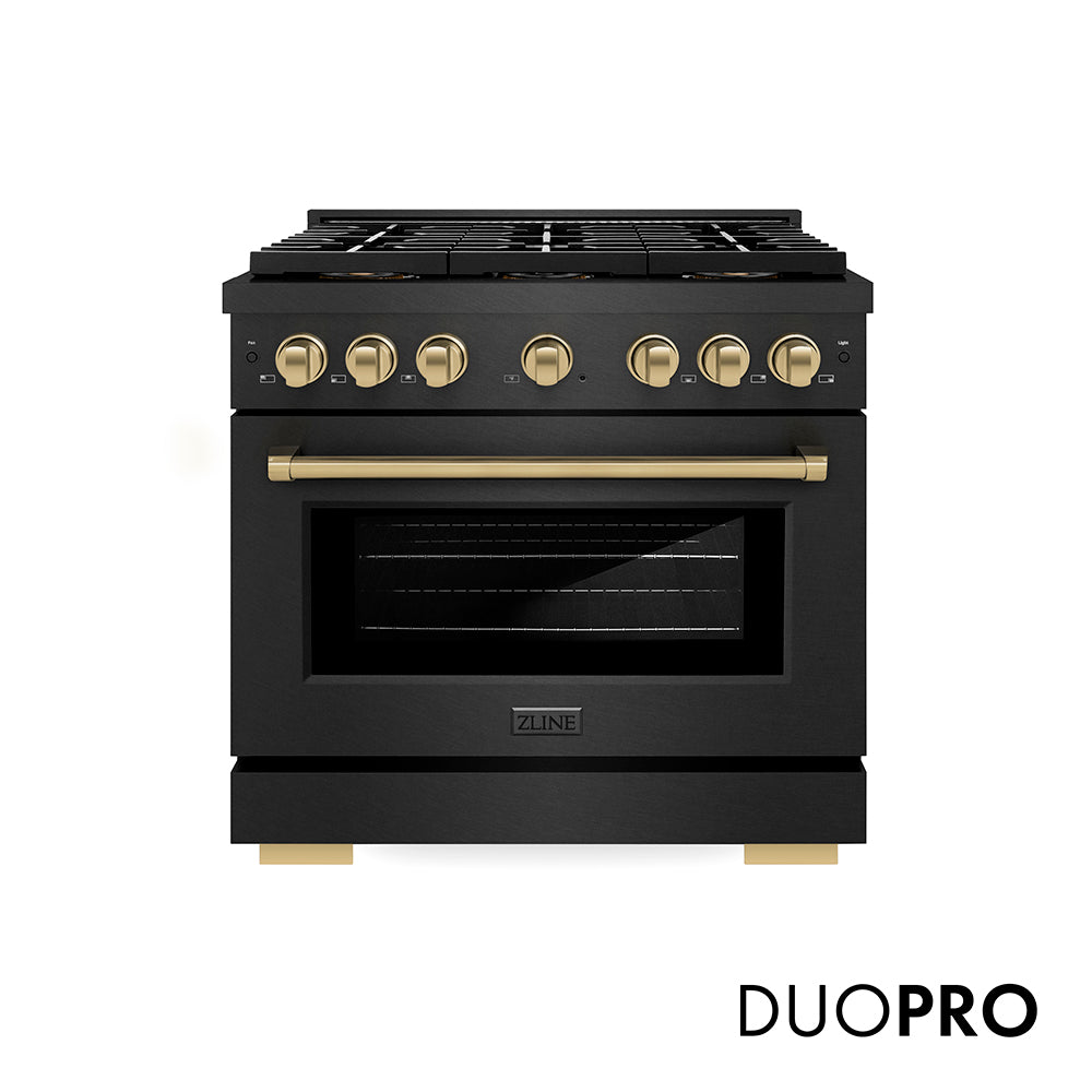 ZLINE Autograph Edition 36 in. 5.2 cu. ft. Paramount Gas Range with 6 Burner DuoPro™ Cooktop and Convection Gas Oven in Black Satin Stainless Steel and Champagne Bronze Accents, Open Box-Good Condition